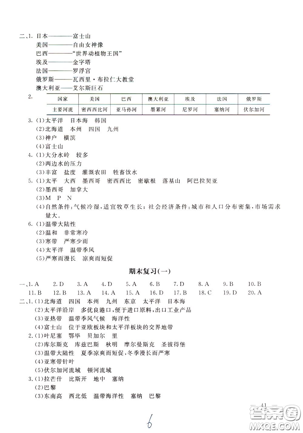 2020年新課堂AB卷單元測(cè)試地理七年級(jí)下冊(cè)湖南教育版參考答案