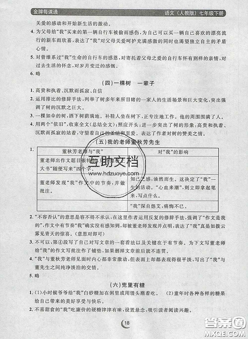 2020新版點石成金金牌每課通七年級語文下冊人教版答案