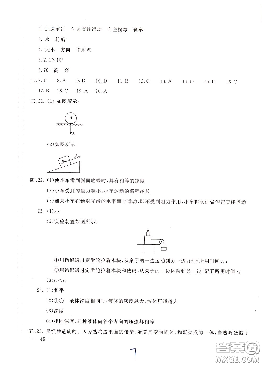 2020年新課堂AB卷單元測物理八年級下冊教育科學(xué)版參考答案