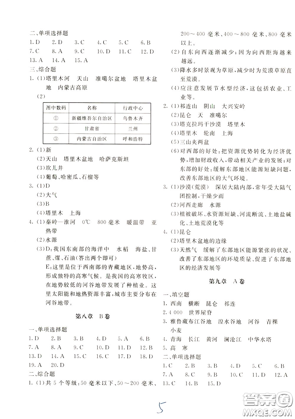 2020年新課堂AB卷單元測(cè)地理八年級(jí)下冊(cè)人民教育版參考答案