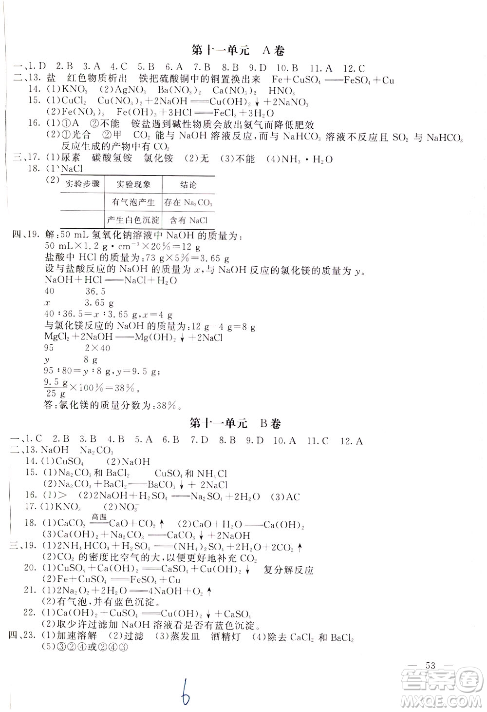 2020年新課堂AB卷單元測(cè)化學(xué)九年級(jí)下冊(cè)人民教育版參考答案