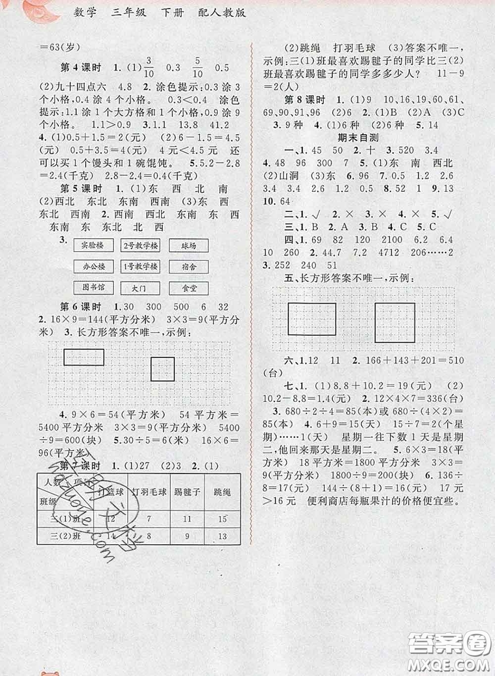 2020新版新課程學(xué)習(xí)與測評同步學(xué)習(xí)三年級數(shù)學(xué)下冊人教版答案