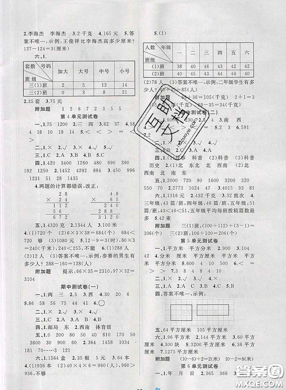 2020新版新課程學(xué)習(xí)與測(cè)評(píng)單元雙測(cè)三年級(jí)數(shù)學(xué)下冊(cè)A版答案