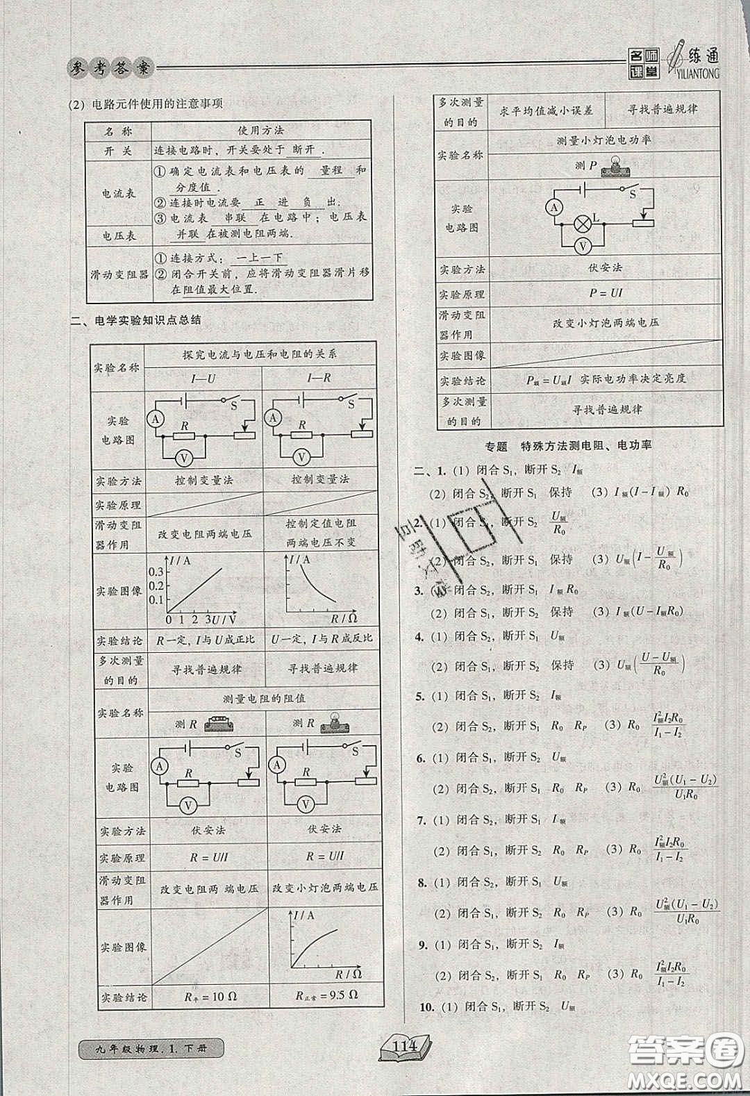 2020年名師課堂一練通九年級(jí)物理下冊(cè)人教版答案