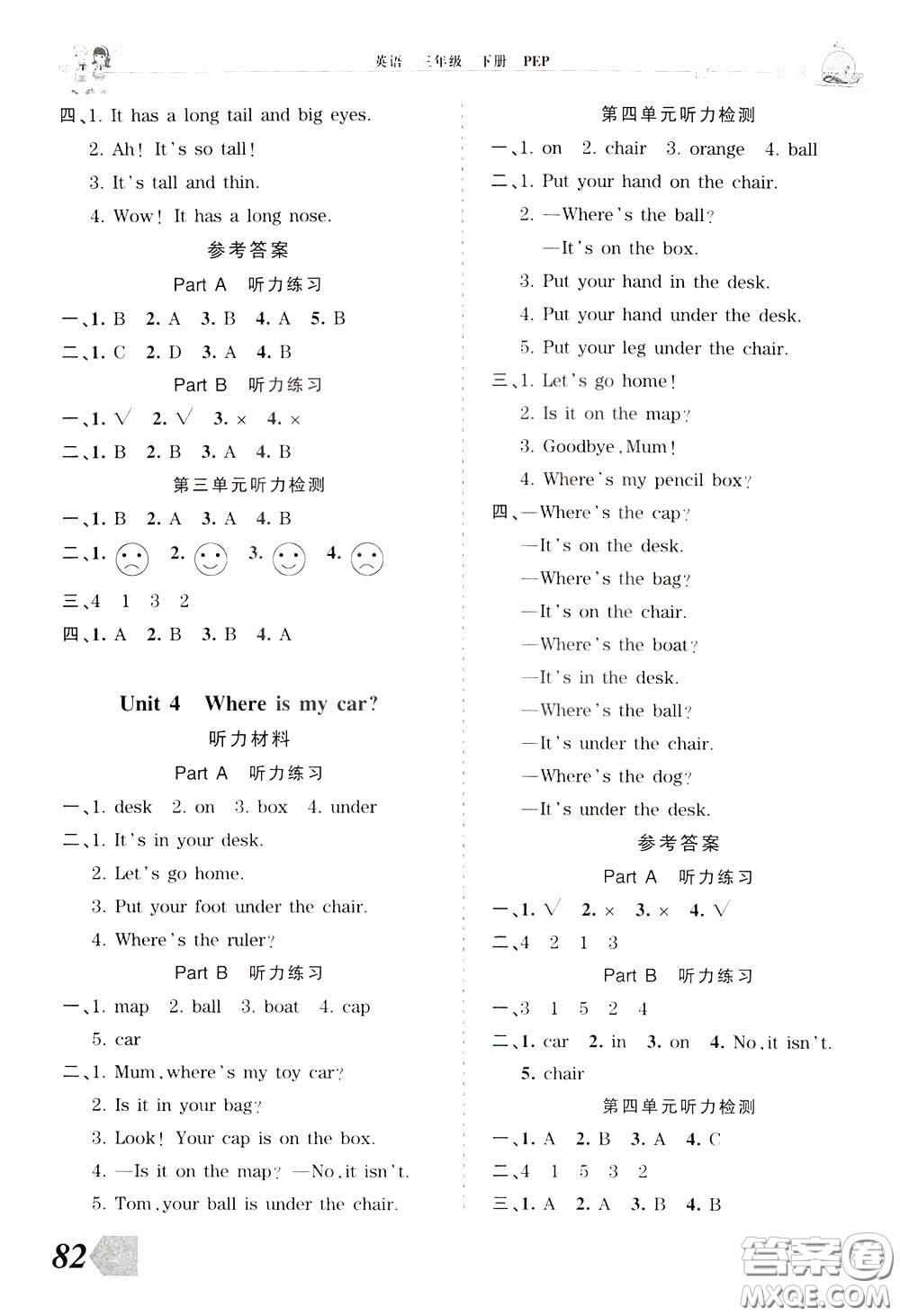 2020年王朝霞創(chuàng)維新課堂同步優(yōu)化訓(xùn)練英語(yǔ)三年級(jí)下冊(cè)PEP人教版參考答案