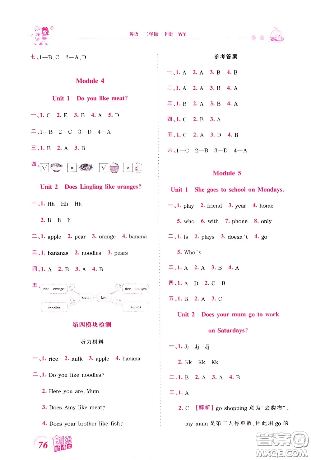 2020年王朝霞創(chuàng)維新課堂同步優(yōu)化訓(xùn)練英語(yǔ)三年級(jí)下冊(cè)WY外研版參考答案