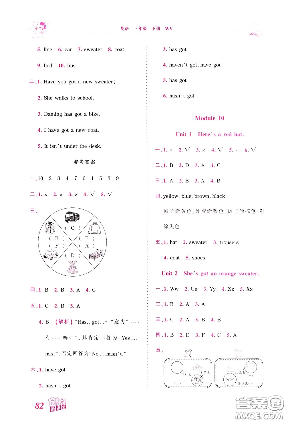 2020年王朝霞創(chuàng)維新課堂同步優(yōu)化訓(xùn)練英語(yǔ)三年級(jí)下冊(cè)WY外研版參考答案