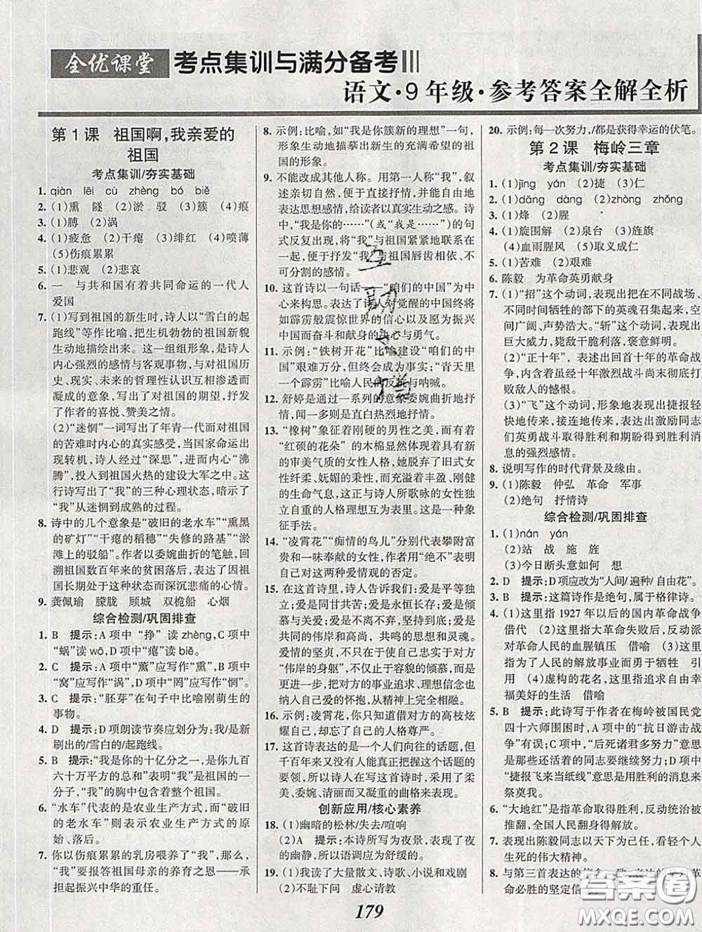 2020春全優(yōu)課堂考點(diǎn)集訓(xùn)與滿分備考九年級(jí)語(yǔ)文下冊(cè)人教版答案