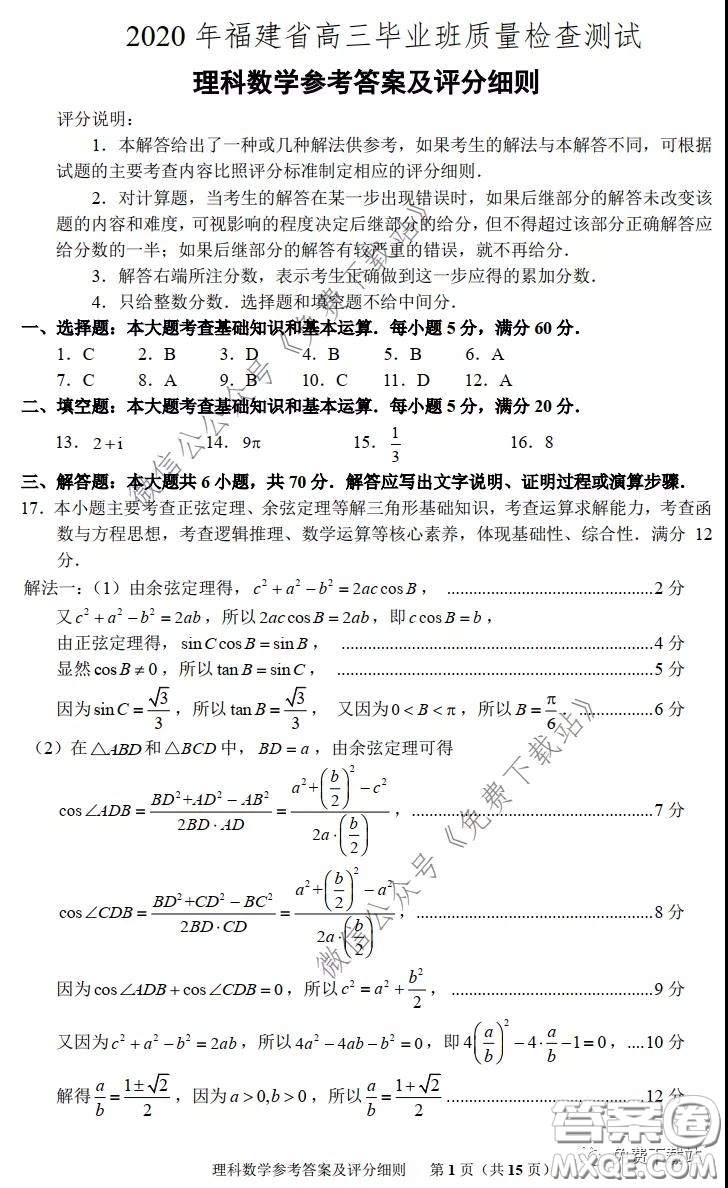 2020年福建省高三畢業(yè)班質(zhì)量檢查測試理科數(shù)學(xué)試題及答案