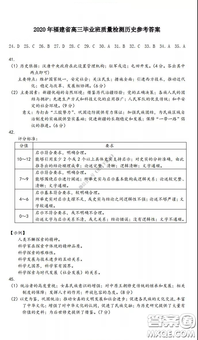 2020年福建省高三畢業(yè)班質(zhì)量檢查測試文科綜合答案