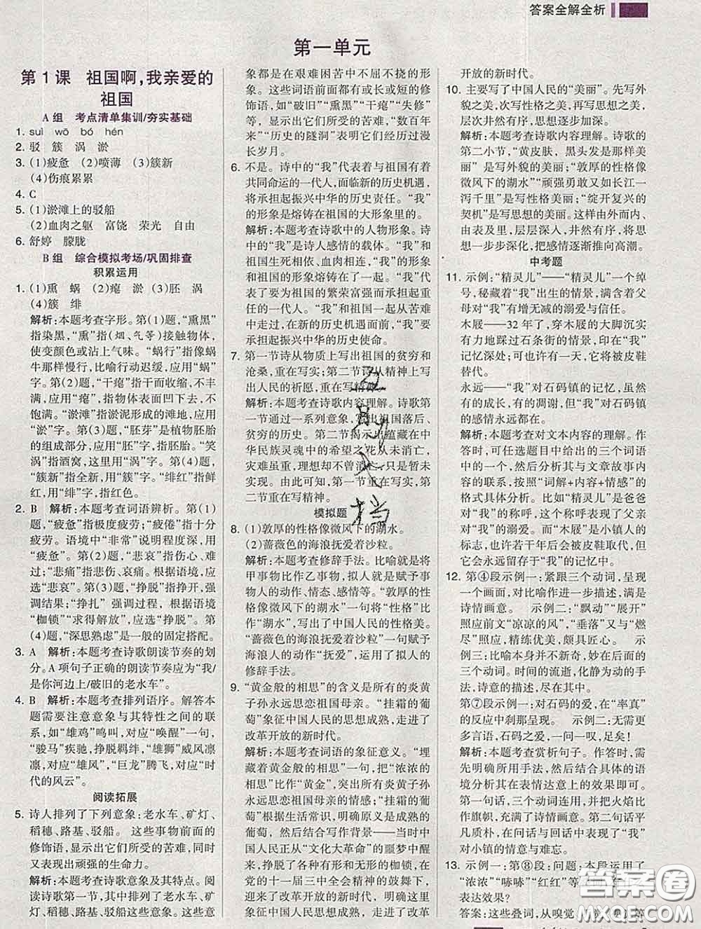 2020新版考點集訓(xùn)與滿分備考九年級語文下冊人教版答案