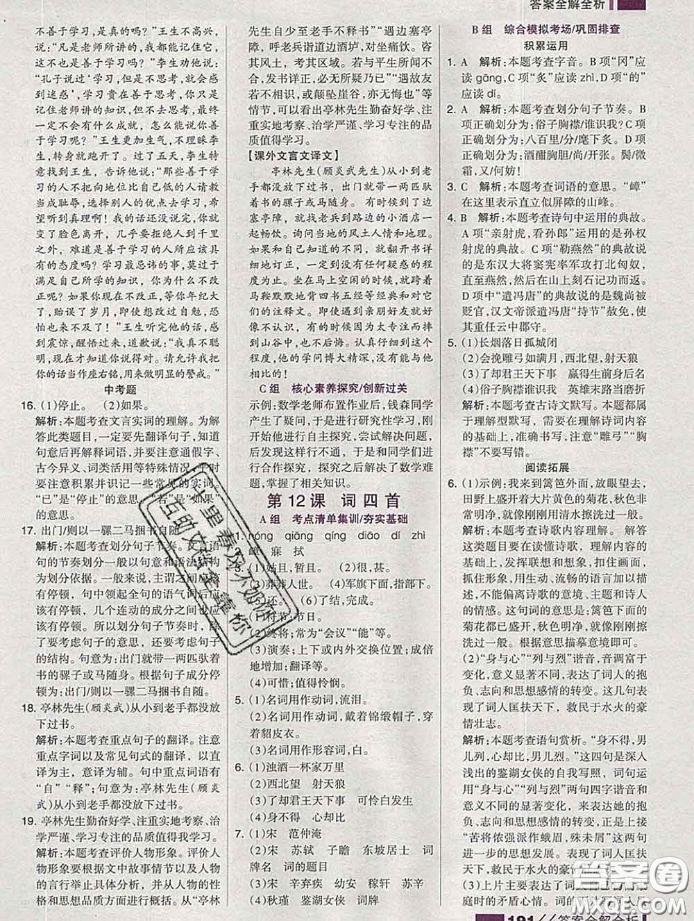 2020新版考點集訓(xùn)與滿分備考九年級語文下冊人教版答案