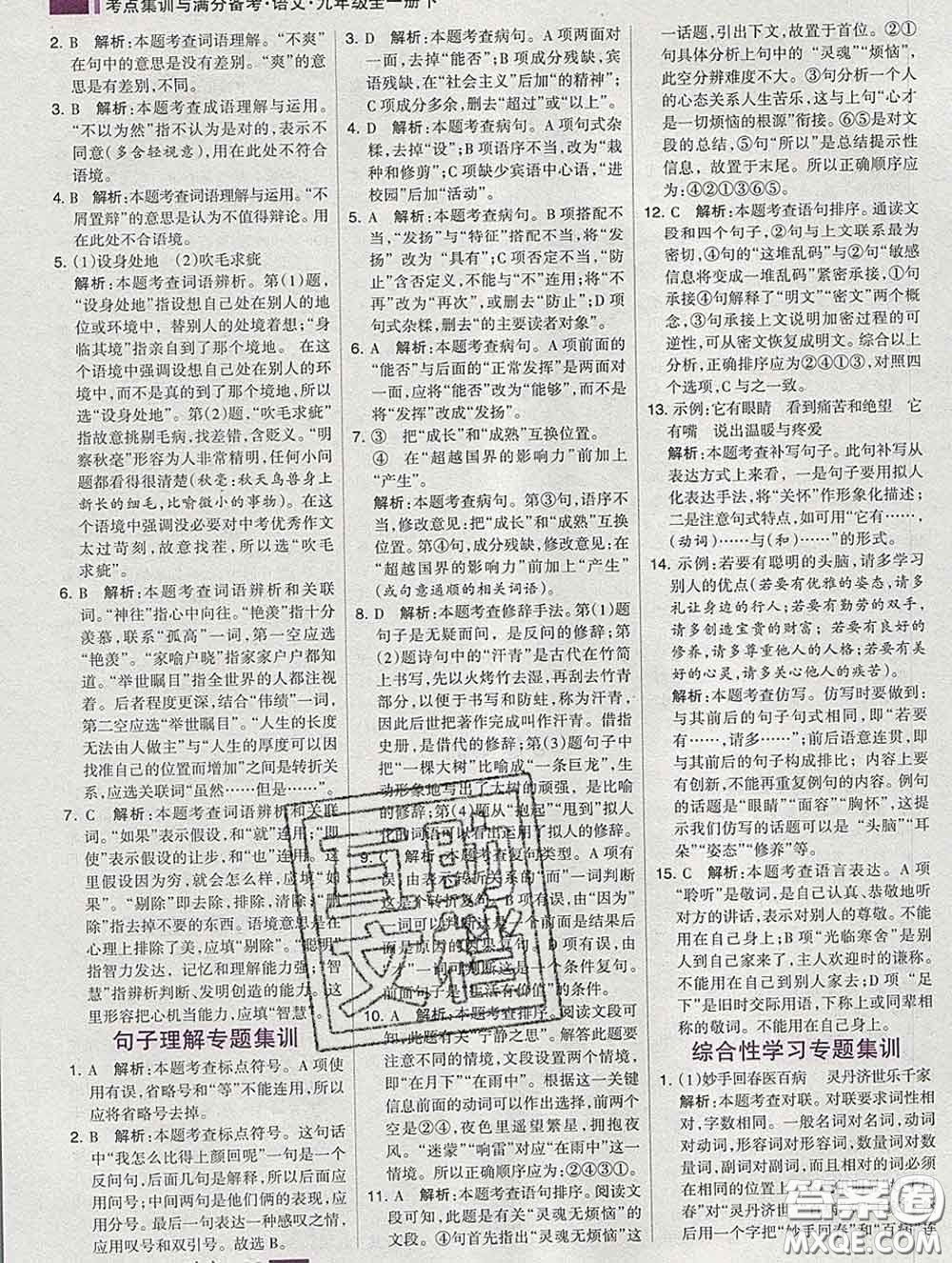 2020新版考點集訓(xùn)與滿分備考九年級語文下冊人教版答案