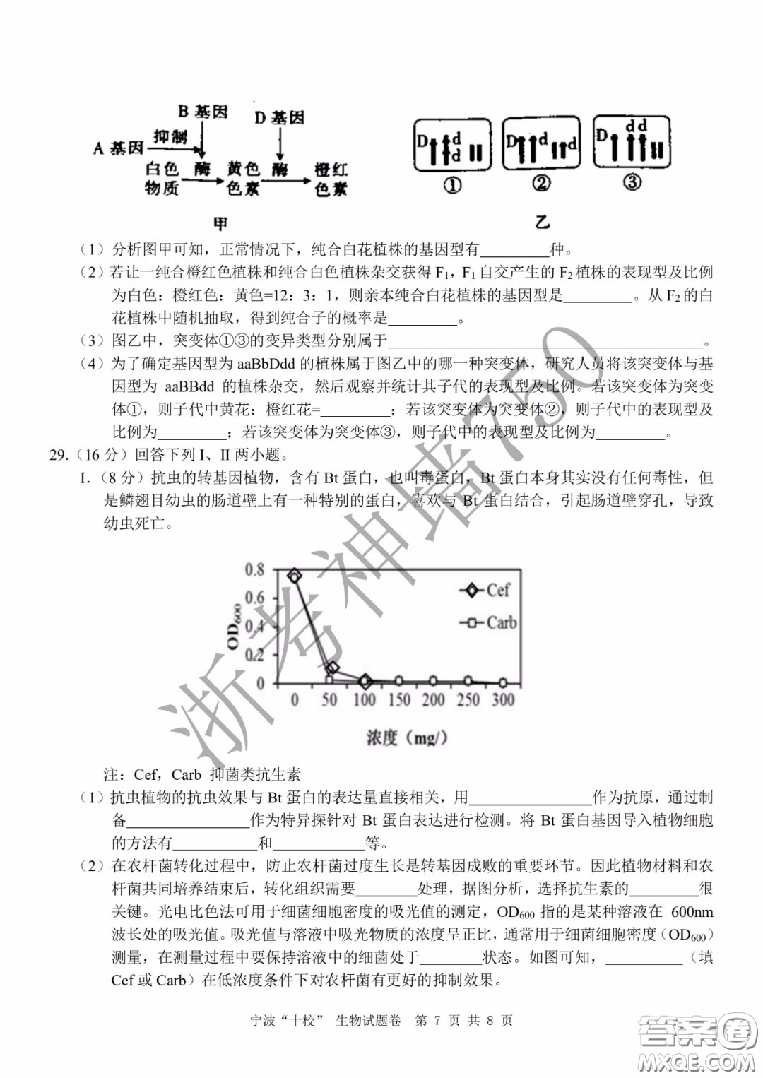 寧波十校2020屆高三3月聯(lián)考試題卷生物答案