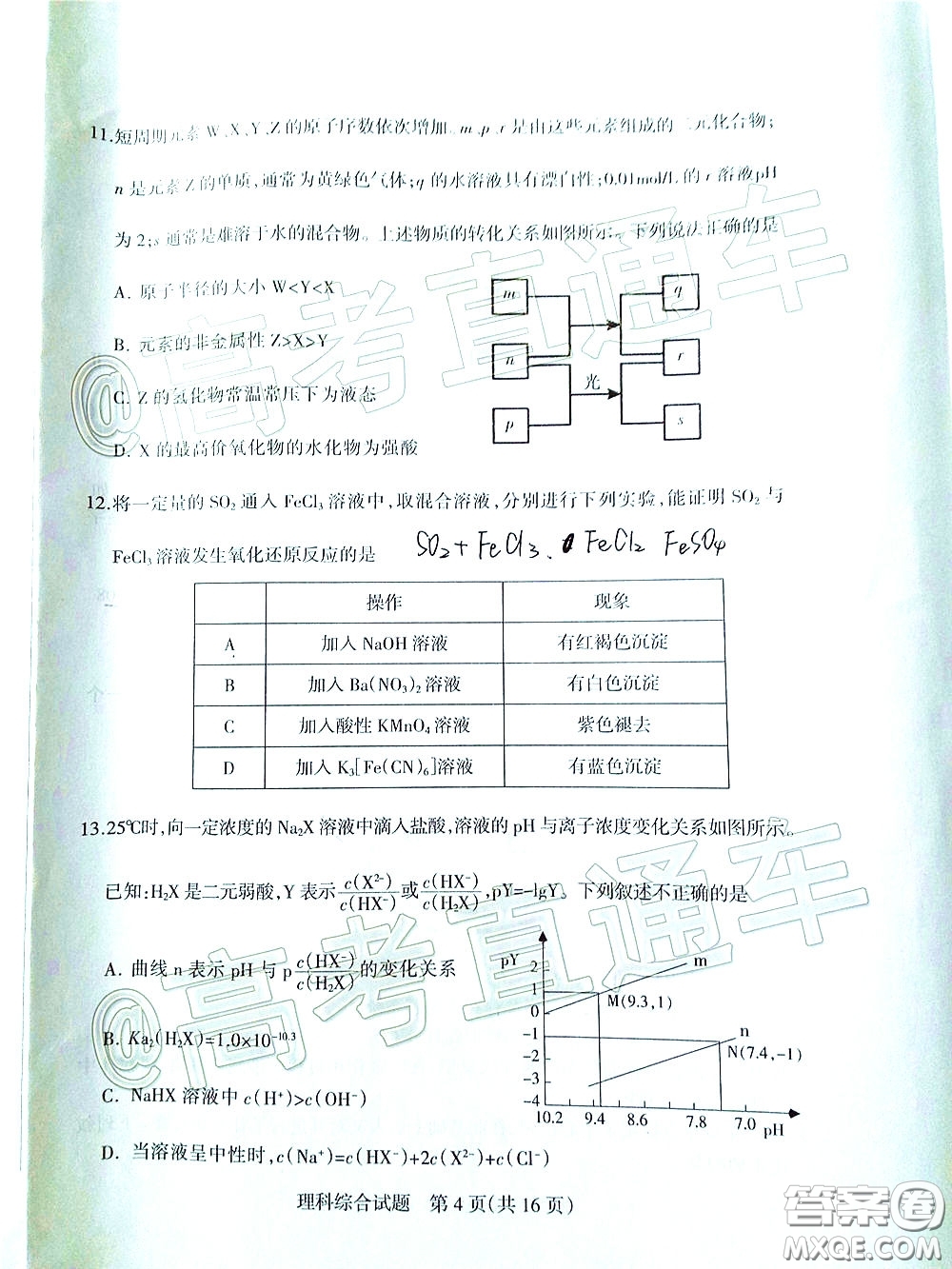 2020年陽(yáng)泉市高三第一次教學(xué)質(zhì)量監(jiān)測(cè)試題理科綜合答案