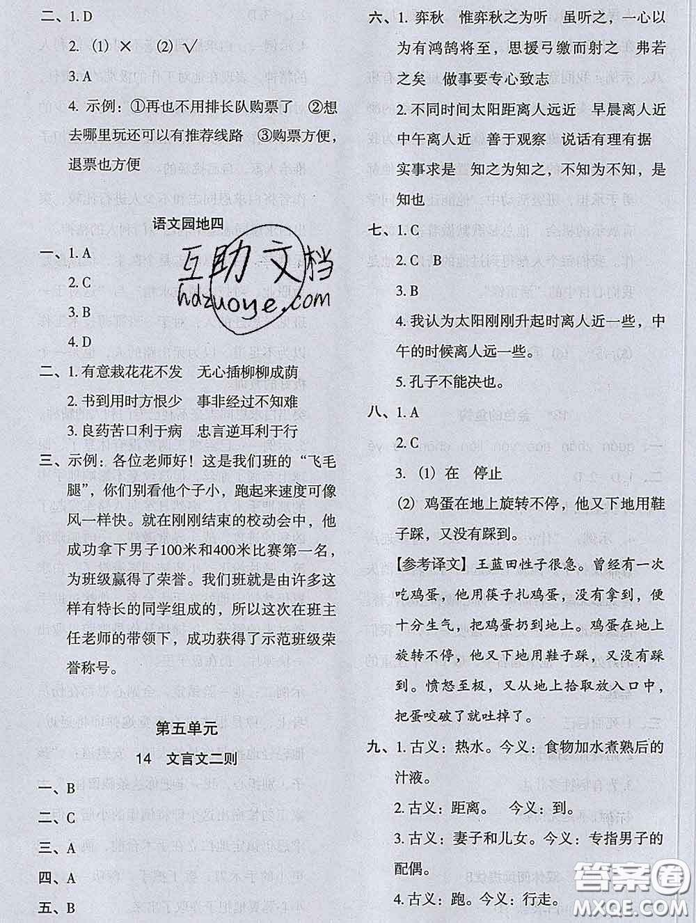 2020新版木頭馬分層課課練小學(xué)語文六年級下冊人教版答案