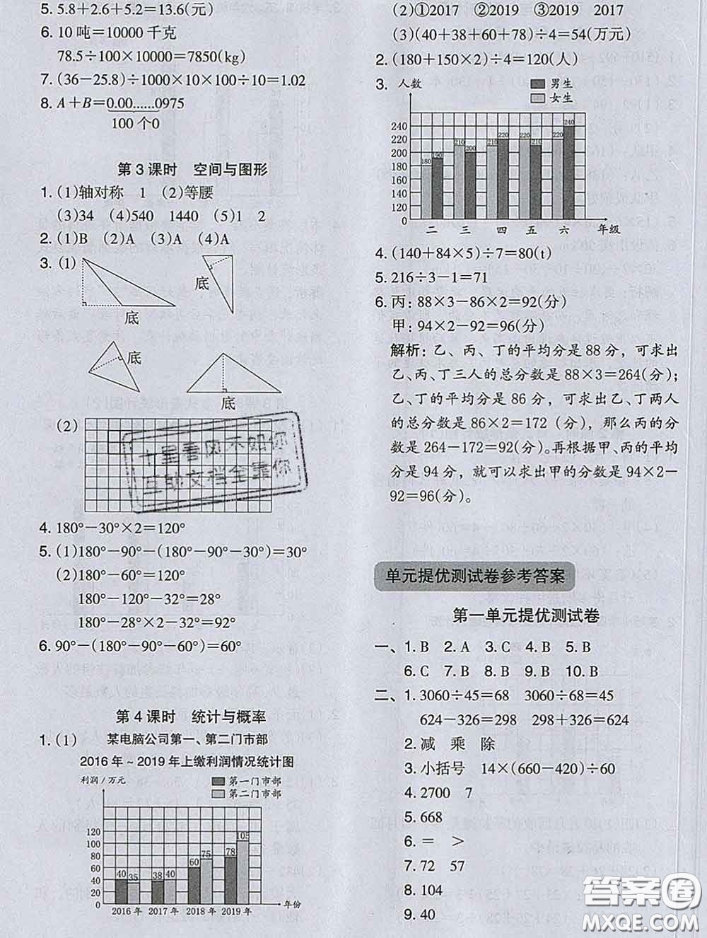 2020新版木頭馬分層課課練小學數學四年級下冊人教版答案