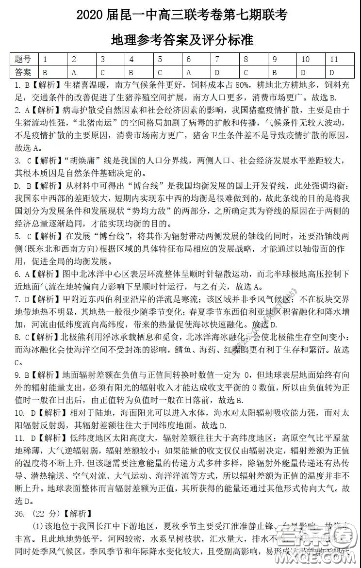 昆明第一中學(xué)2020屆高三第七次高考仿真模擬文科綜合答案