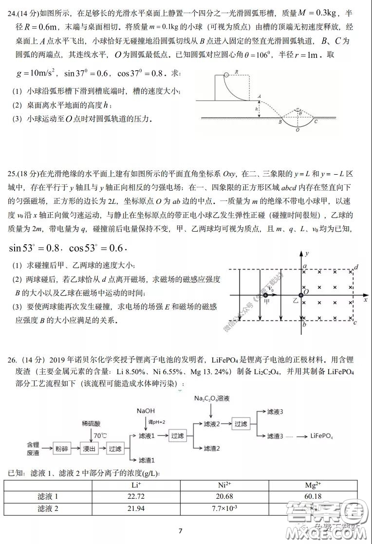 長郡中學(xué)2020屆高三理綜訓(xùn)練七試題及答案