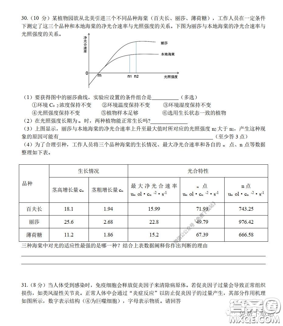 華中師大一附中2020屆高三理科綜合能力測試試題及答案