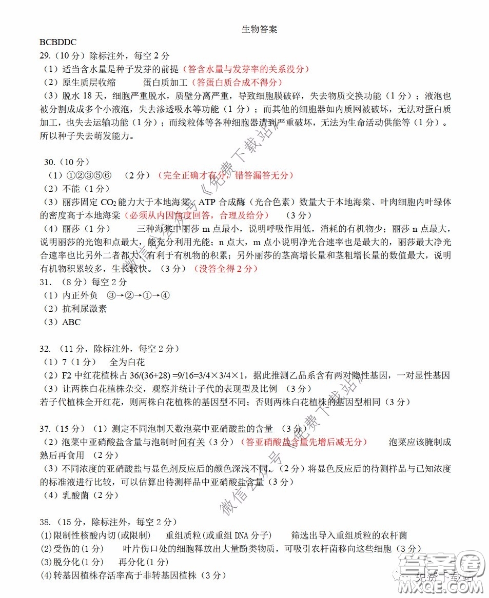 華中師大一附中2020屆高三理科綜合能力測試試題及答案