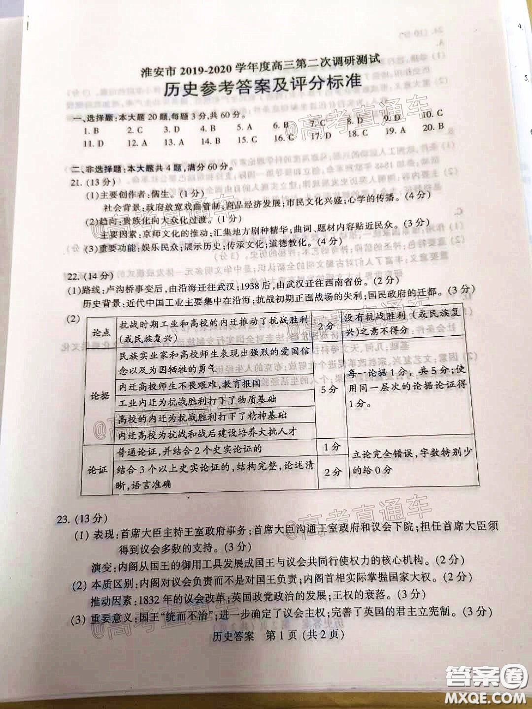 江蘇七市2020屆高三第二次調(diào)研考試歷史試題及答案