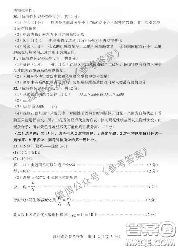 2020年中原金科大聯(lián)考高三4月質(zhì)量檢測(cè)理科綜合答案