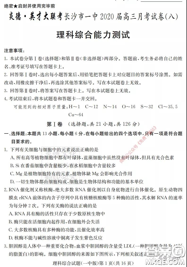 炎德英才大聯(lián)考長(zhǎng)沙市一中2020屆高三月考試卷八理科綜合答案