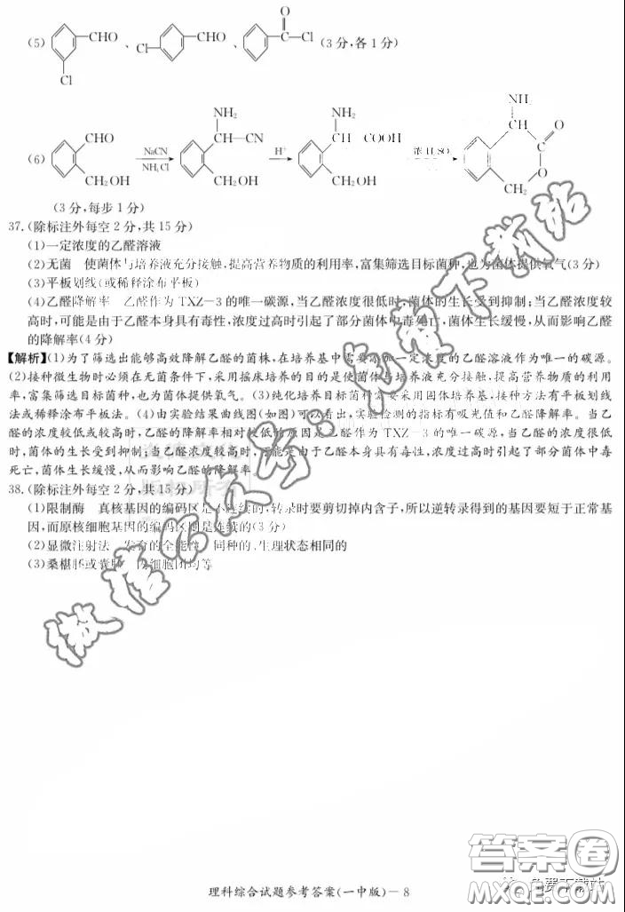 炎德英才大聯(lián)考長(zhǎng)沙市一中2020屆高三月考試卷八理科綜合答案