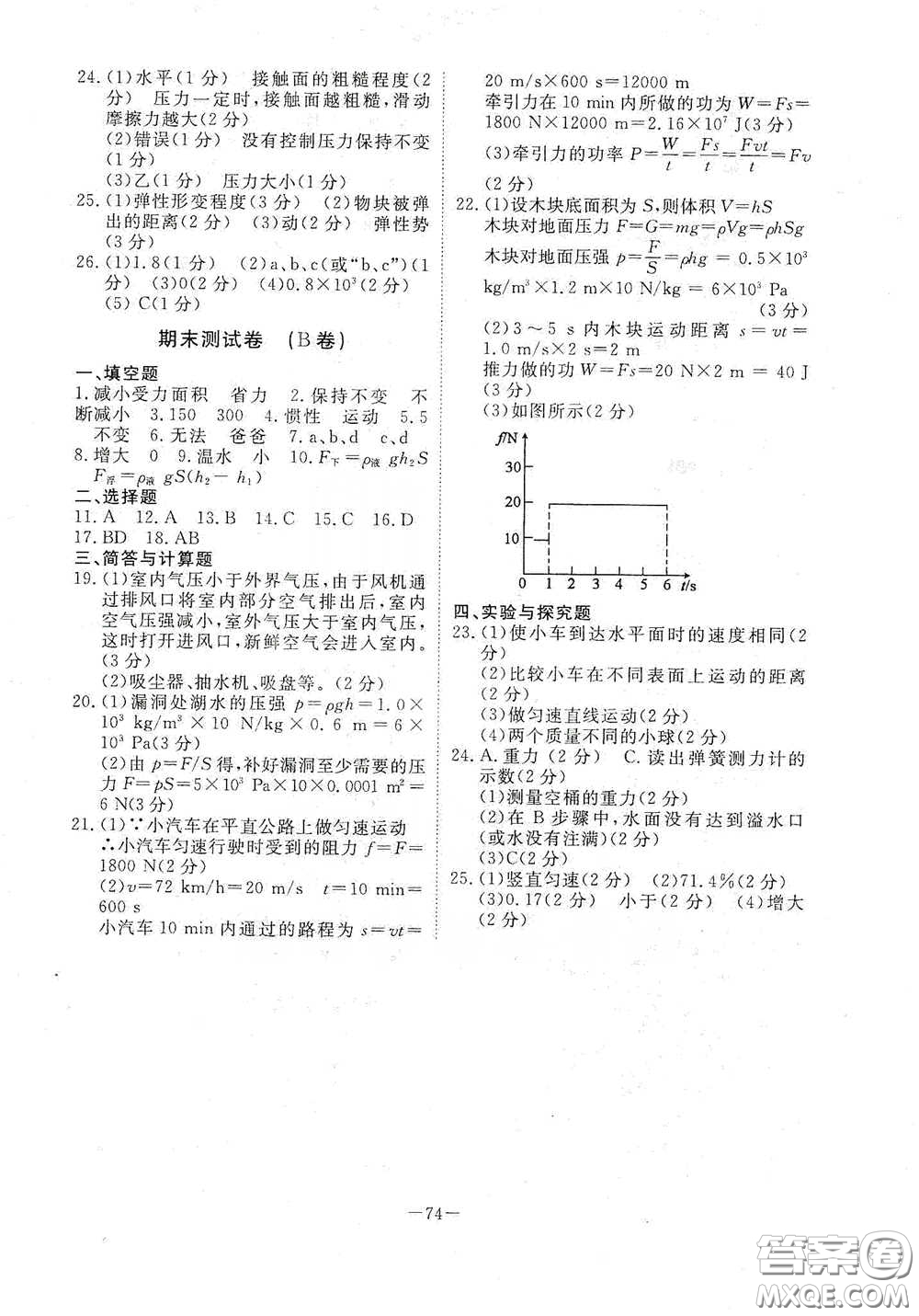 江西教育出版社2020能力形成同步測試卷八年級物理下冊人教版答案