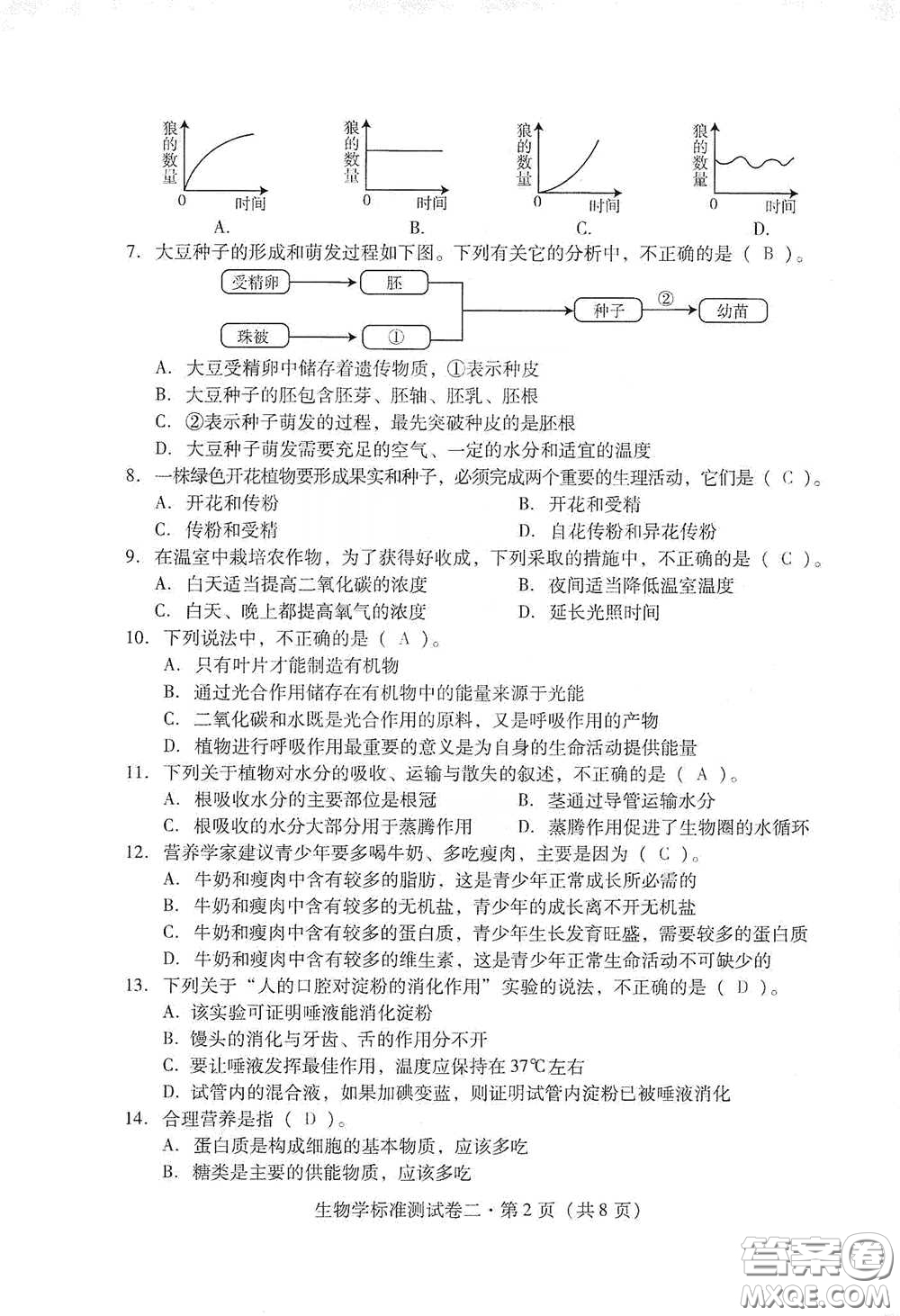 優(yōu)佳學(xué)案2020云南省初中學(xué)業(yè)水平考試標(biāo)準(zhǔn)測試卷生物學(xué)答案