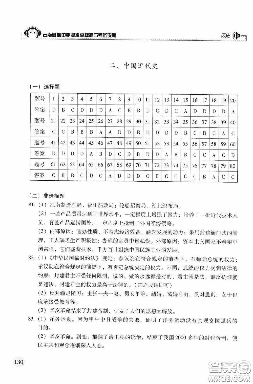 云南美術(shù)出版社2020云南省初中學(xué)業(yè)水平標(biāo)準(zhǔn)與考試說明歷史答案