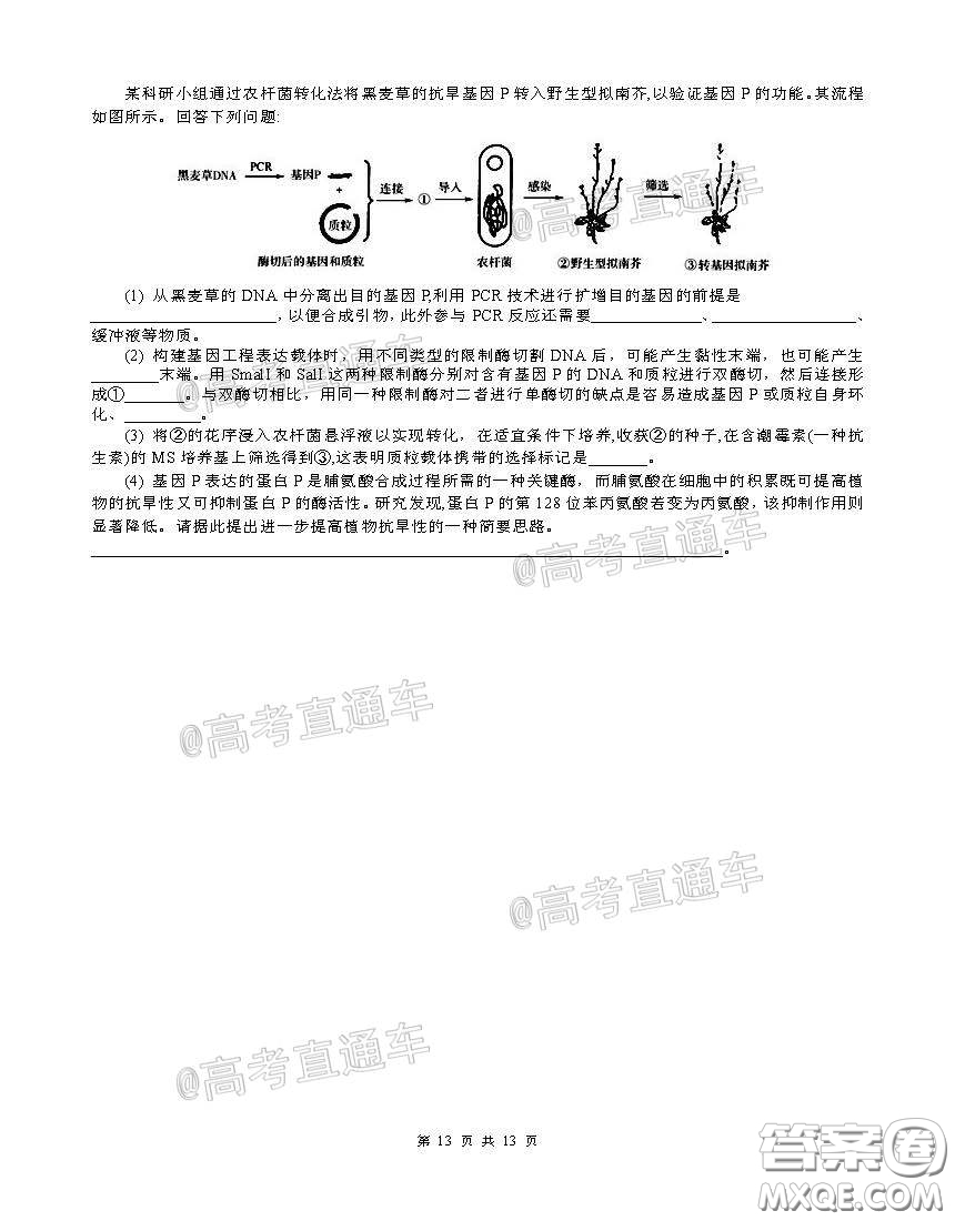 柳州高級(jí)中學(xué)2020屆高三4月線上測(cè)試?yán)砜凭C合試題及答案