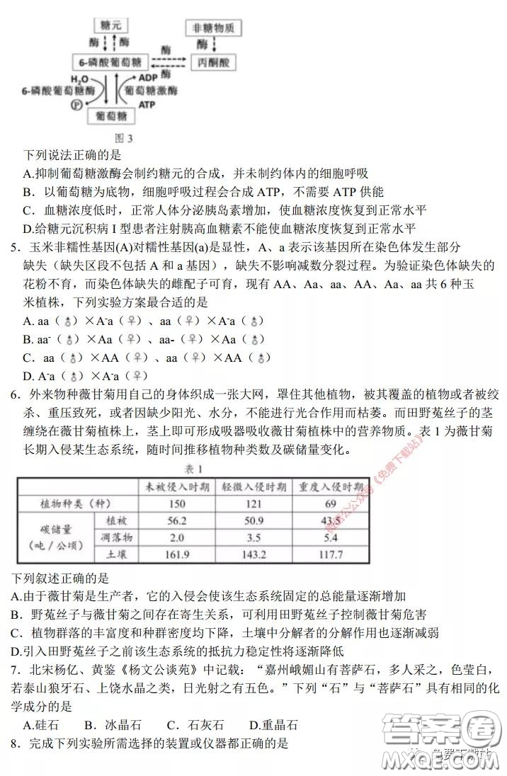 長郡中學(xué)2020屆高三適應(yīng)性考試三理科綜合試題及答案