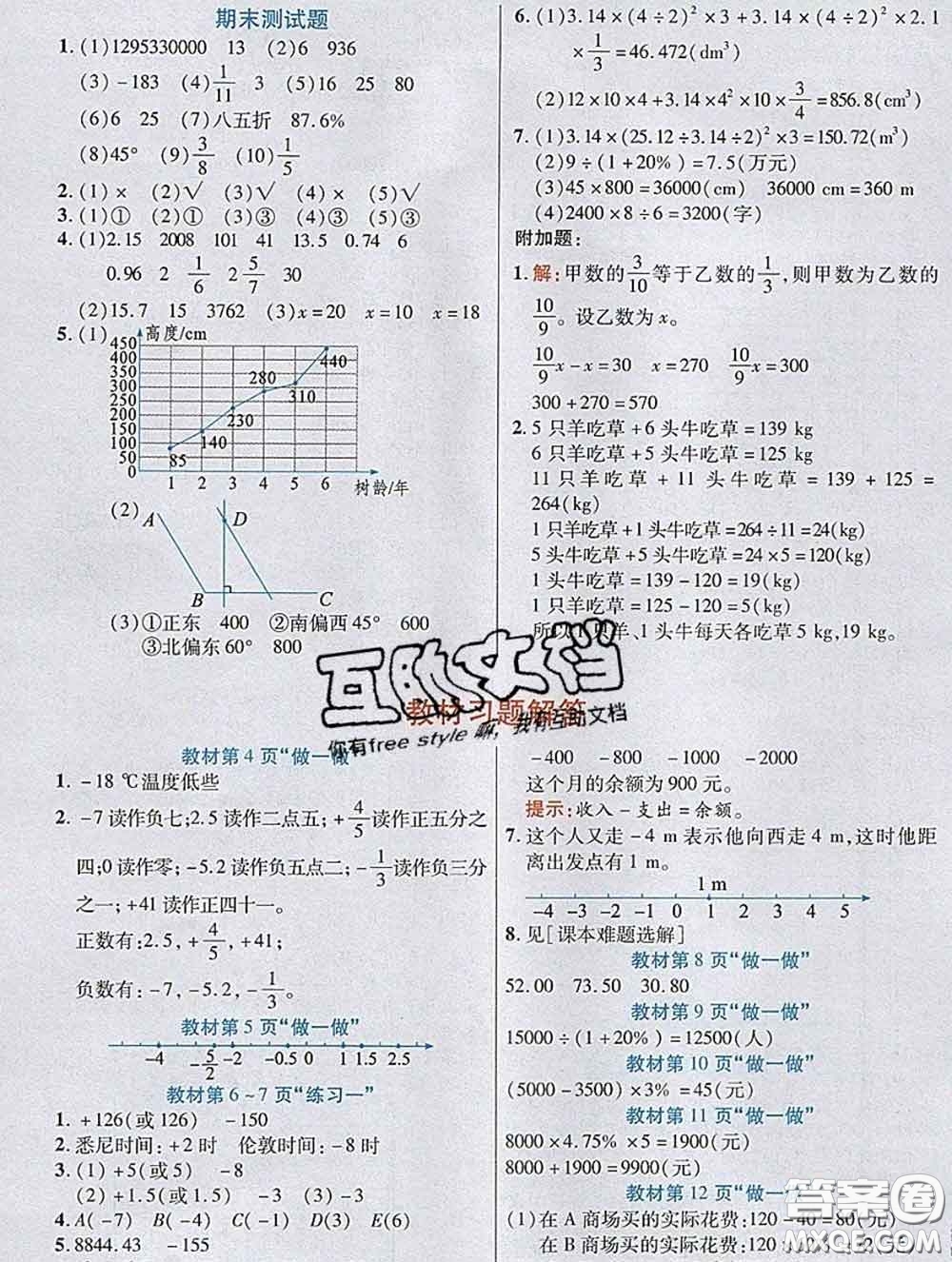 武漢出版社2020新版世紀英才奇跡課堂六年級數(shù)學下冊人教版答案