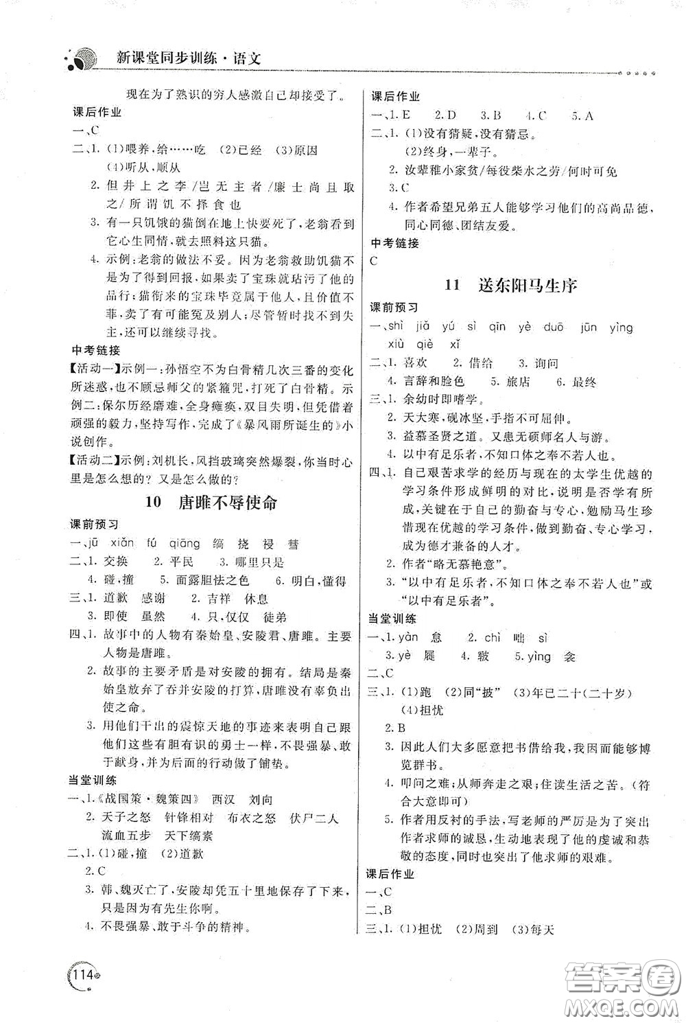 北京教育出版社2020新課堂同步訓(xùn)練九年級(jí)語(yǔ)文下冊(cè)人民教育版答案