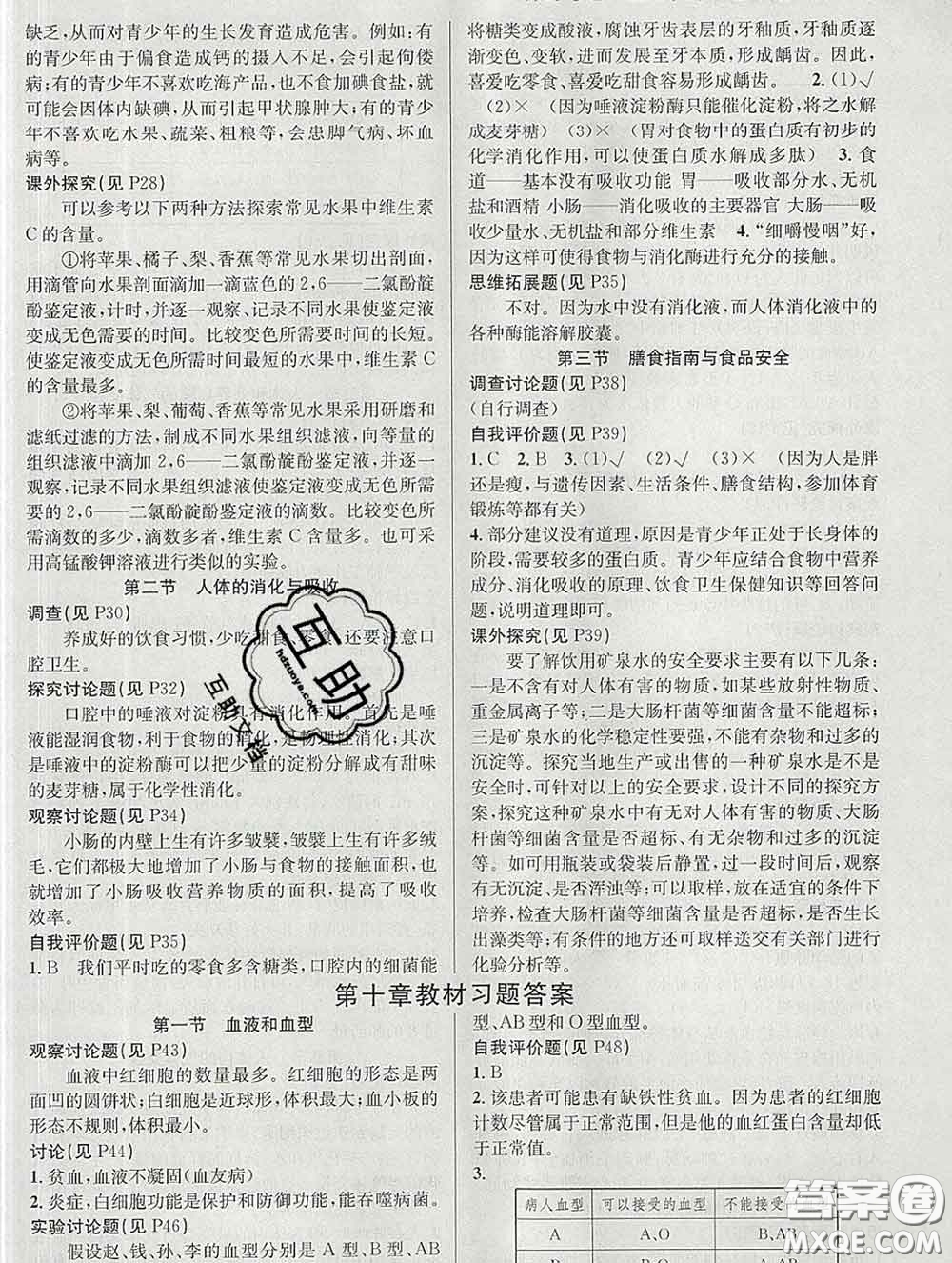 安徽師范大學(xué)出版社2020新版課時(shí)奪冠七年級生物下冊蘇教版答案