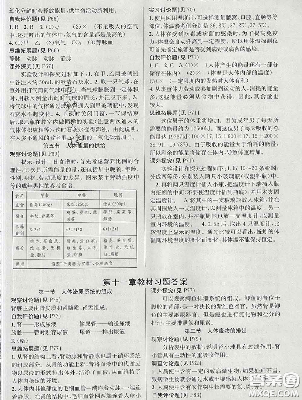 安徽師范大學(xué)出版社2020新版課時(shí)奪冠七年級生物下冊蘇教版答案