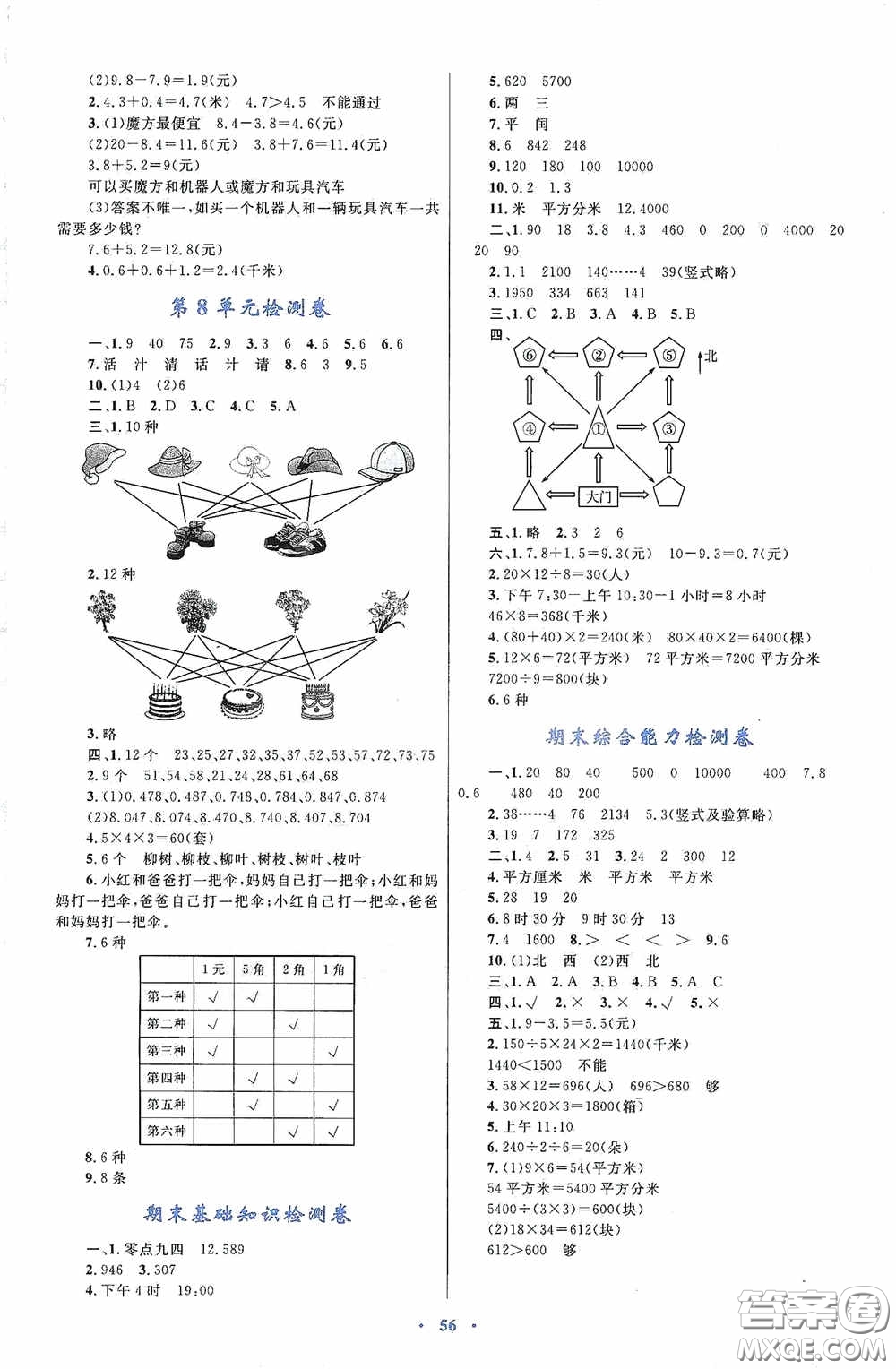 內蒙古大學出版社2020學習目標與檢測三年級數學下冊人教版答案