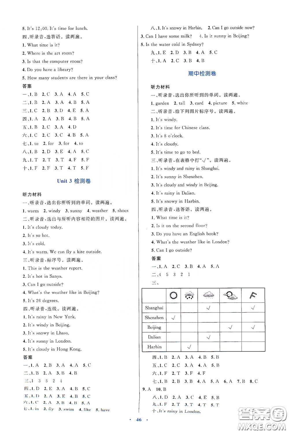 內(nèi)蒙古大學(xué)出版社2020學(xué)習(xí)目標(biāo)與檢測(cè)四年級(jí)英語下冊(cè)人教版答案