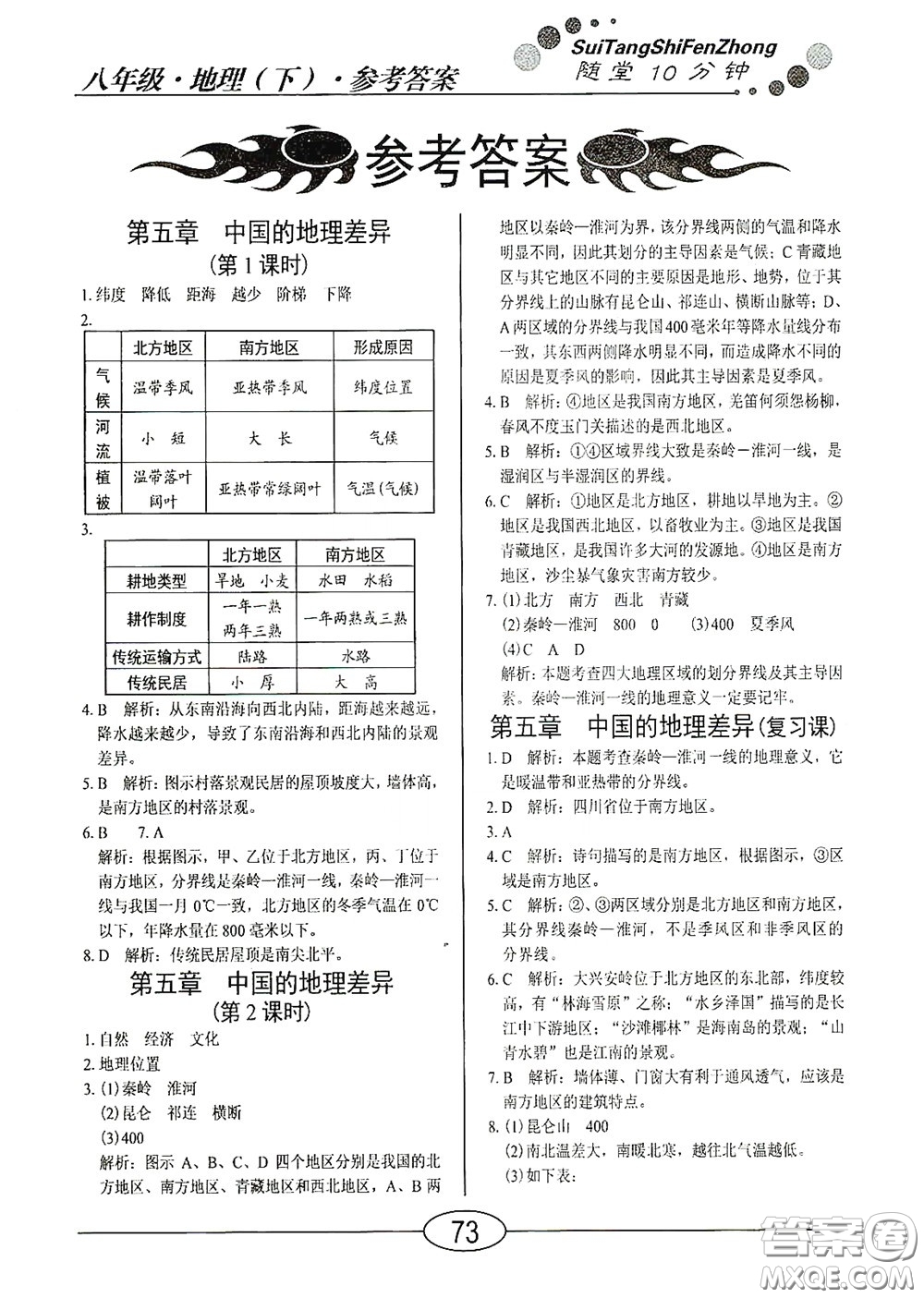 陽(yáng)光出版社2020新編隨堂10分鐘八年級(jí)地理下冊(cè)人教版答案