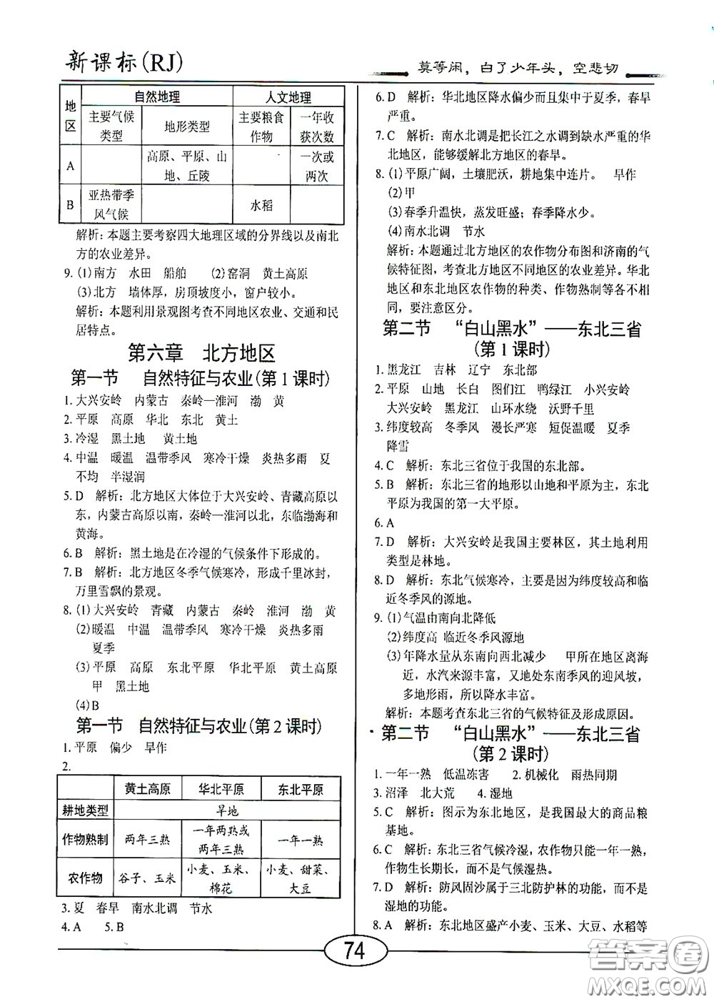 陽(yáng)光出版社2020新編隨堂10分鐘八年級(jí)地理下冊(cè)人教版答案