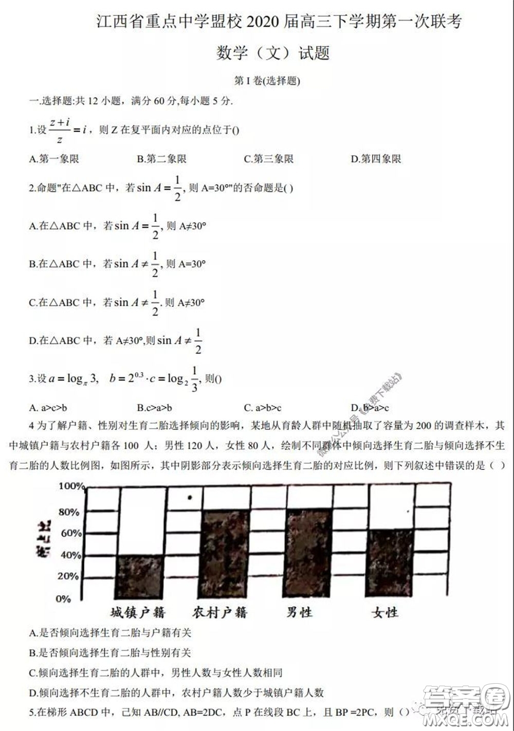 江西省重點中學盟校2020屆高三第一次聯(lián)考文科數(shù)學試題及答案