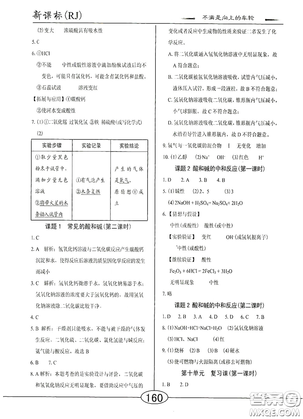 陽光出版社2020新編隨堂10分鐘九年級化學全一冊人教版答案