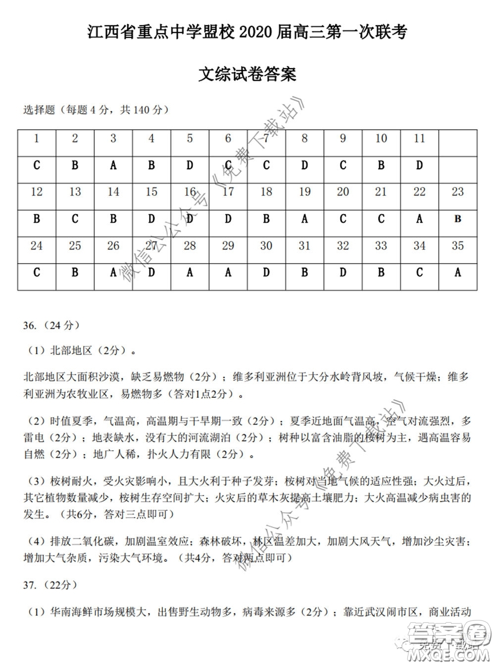 江西省重點(diǎn)中學(xué)盟校2020屆高三第一次聯(lián)考文科綜合答案