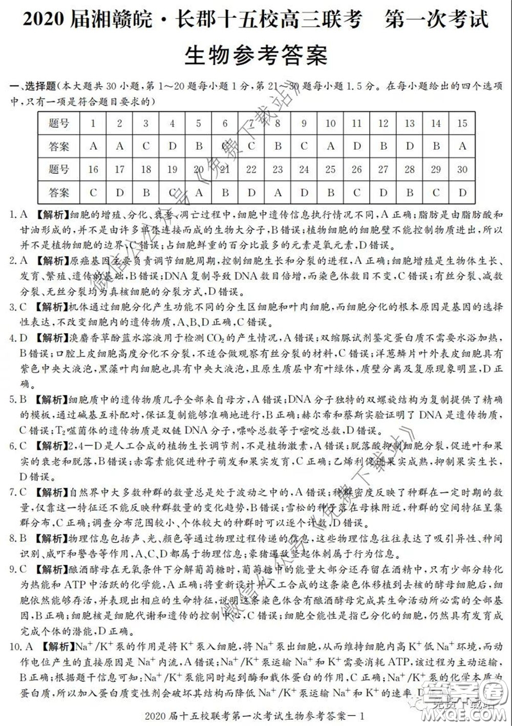 2020屆湘贛皖長(zhǎng)郡十五校高三聯(lián)考第一次考試?yán)砜凭C合答案