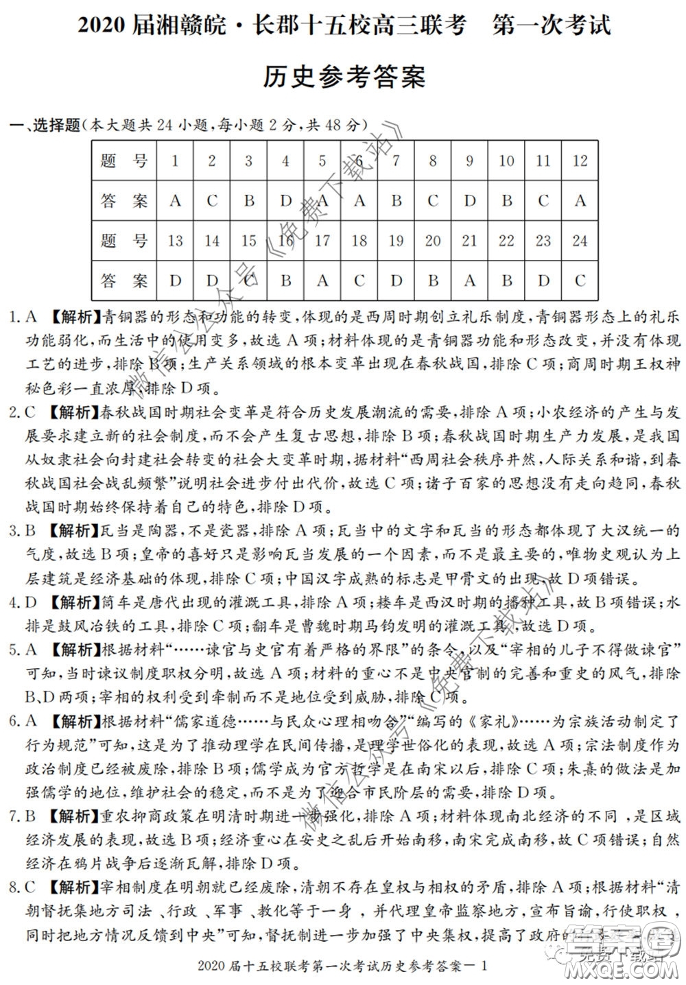 2020屆湘贛皖長(zhǎng)郡十五校高三聯(lián)考第一次考試文科綜合答案