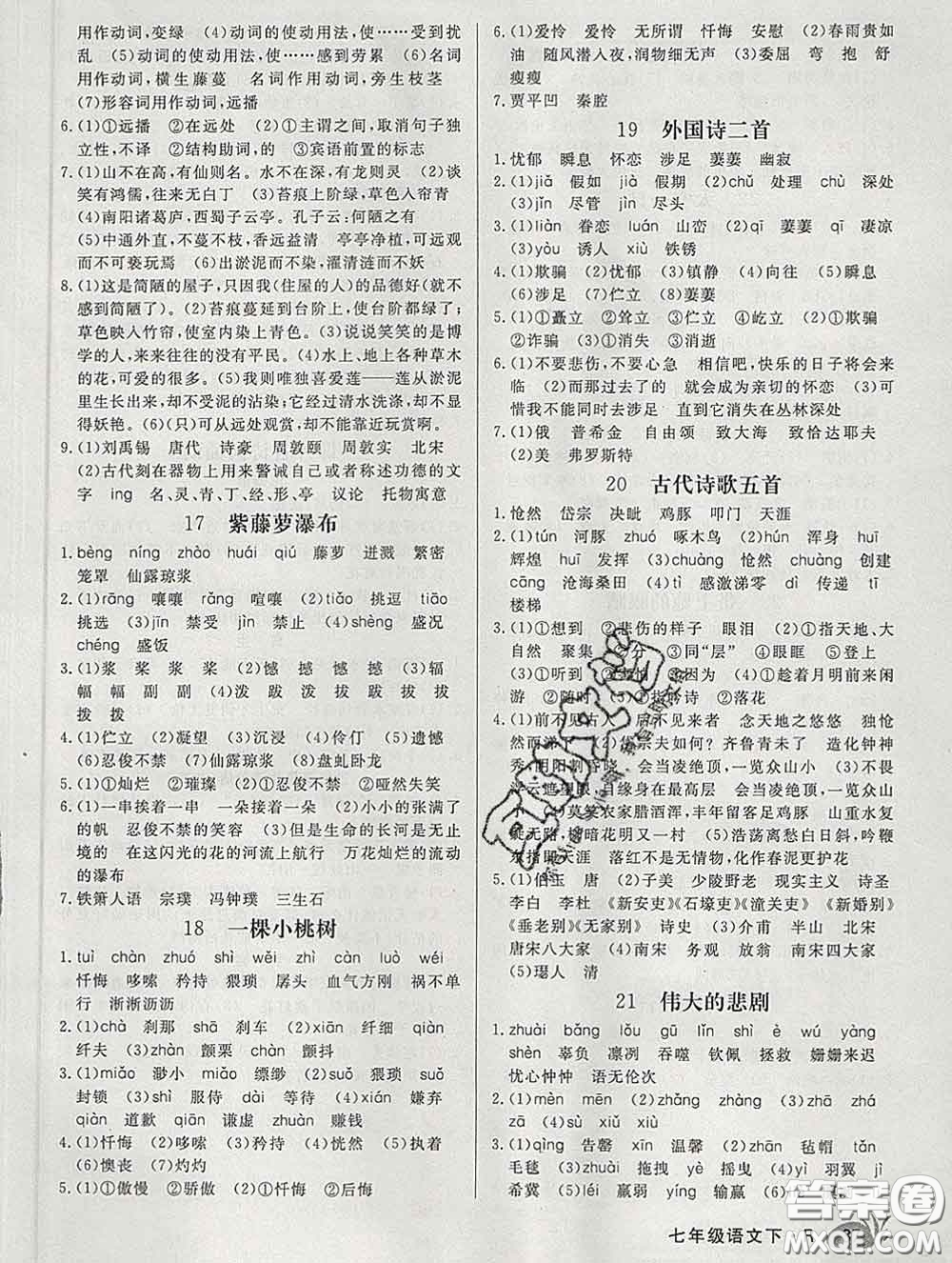 2020新版新領(lǐng)程叢書(shū)新領(lǐng)程七年級(jí)語(yǔ)文下冊(cè)人教版安徽專(zhuān)版參考答案