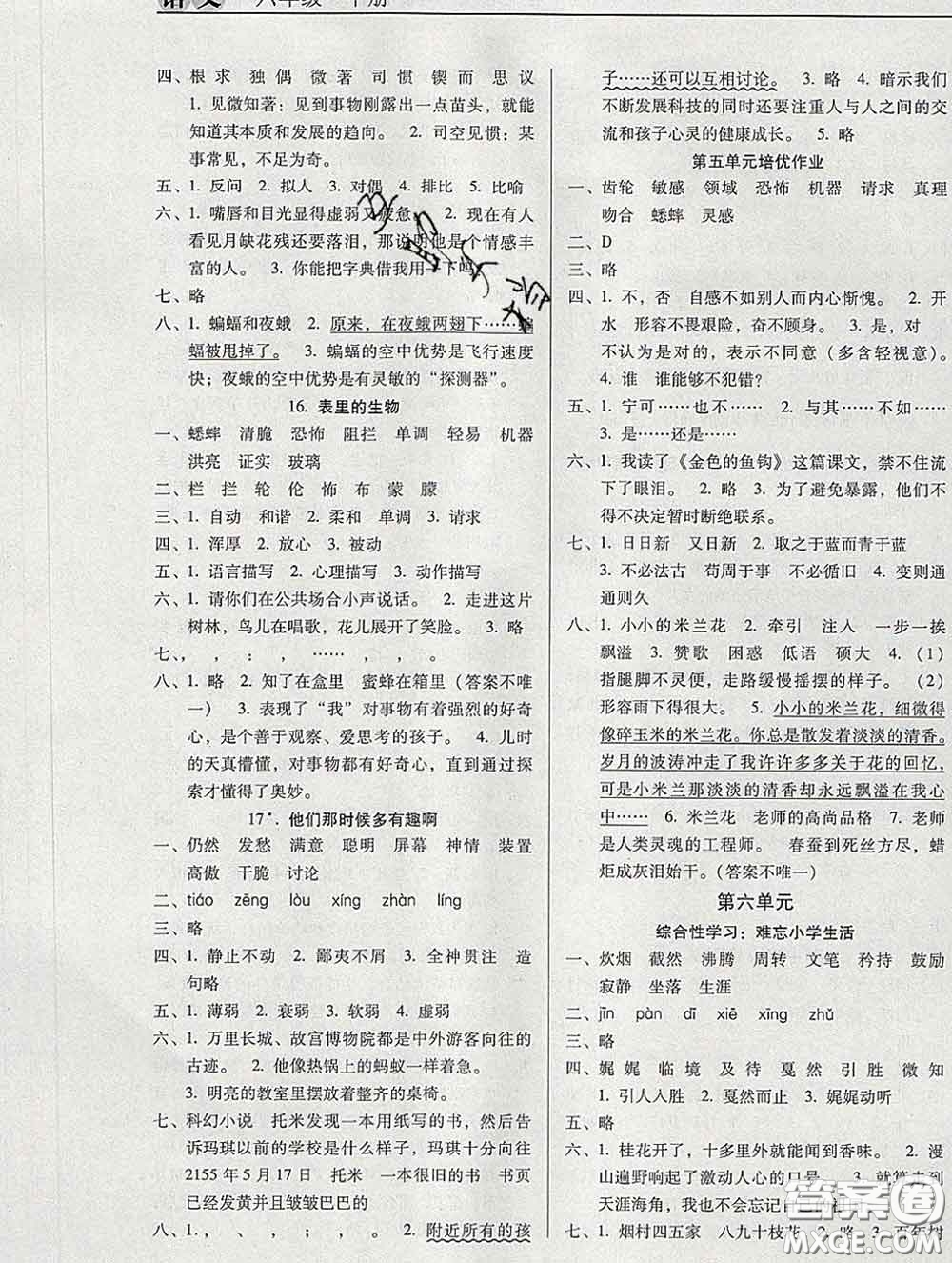 2020新版名校名師培優(yōu)作業(yè)本加核心試卷六年級語文下冊人教版答案