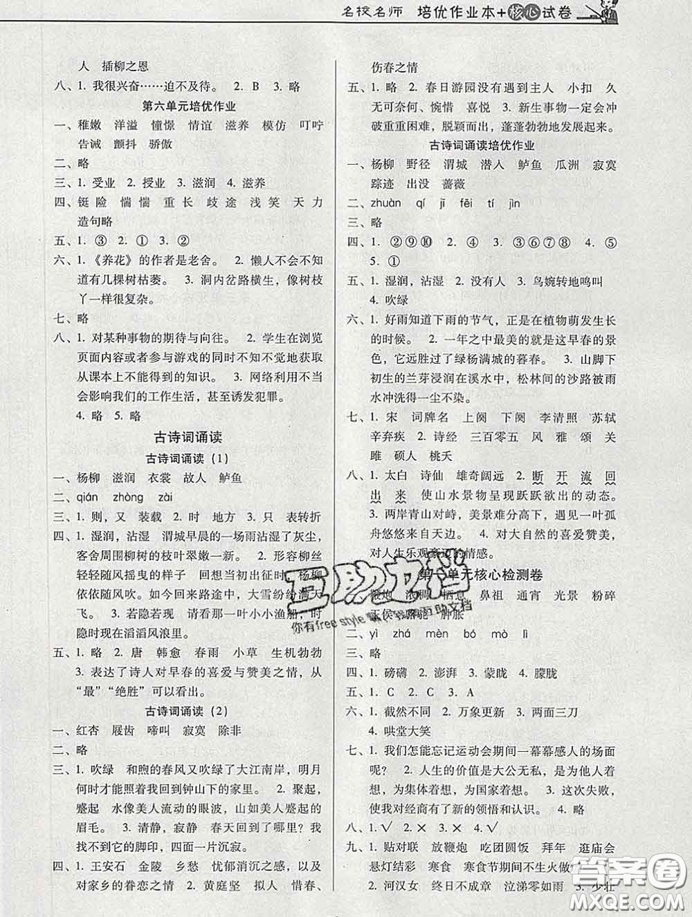 2020新版名校名師培優(yōu)作業(yè)本加核心試卷六年級語文下冊人教版答案